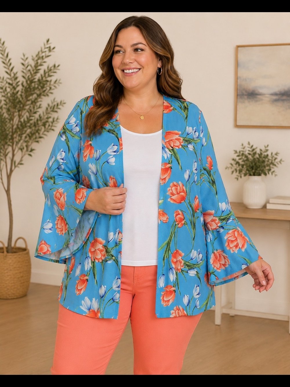 Slinky Brand Blue Floral Open Front Cardigan Jacket Plus Size 2X